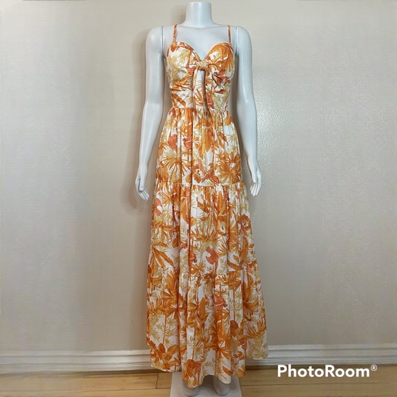 Orange white Shirred back twist front ruffle hem cutout maxi dress - Picture 1 of 12